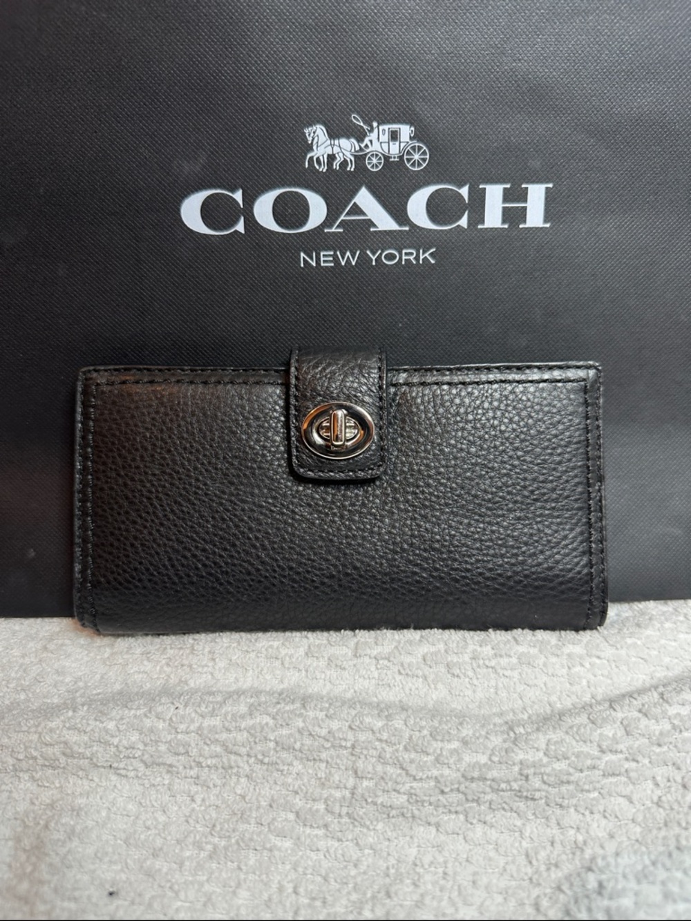 COACH Black Pebbled Leather Turnlock Wallet